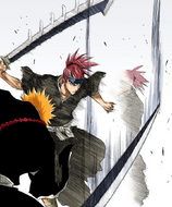 Renji dodges Ichigo's slash.