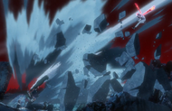 Renji throws chunks of debris at Bazz-B.