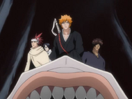 Ichigo and his friends search for Nel on Bawabawa's back.