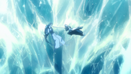 Hyōrinmaru and Hitsugaya lie frozen in midair.