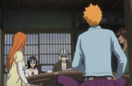 Ichigo and Orihime listen to Rukia Kuchiki's explanation.