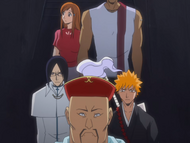 Koganehiko leads Orihime and her friends down the stairs.