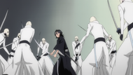 Rukia surrounded by the Exequias.