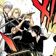 Hinamori attempts to attack Gin under the belief that he murdered Aizen, but is intercepted by Izuru.