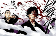 The Shinigami is splashed with the blood of his detonated comrade.