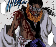 Tōsen stands after being wounded by Kenpachi.