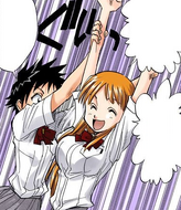 Tatsuki grabs Orihime as she tries to get Ichigo to perform Don Kanonji's pose and laugh.