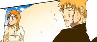 Orihime watches the battle alongside Ichigo as she heals him.