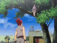 Renji finds Rukia sitting on a tree branch.