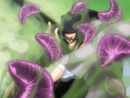 Rukia is covered in leeches midair.