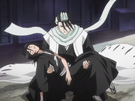 Byakuya catches an unconscious Rukia.