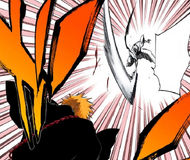 Zangetsu repels Ichigo with a slash of his Zangetsu.