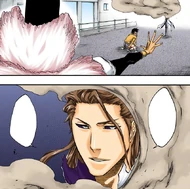 411Aizen wonders.png (783 KB) Tatsuki looks back at Don Kanonji in bewilderment with Michiru still on her back.