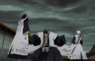 Byakuya, Hitsugaya and Zaraki in Soul Society.