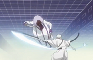 Muramasa jumps to avoid Zangetsu's attack.