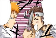 Ichigo cuts Keigo's headband off his forehead.