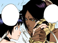 Yoruichi grasps Suì-Fēng's hand after neutralizing her strike with Hanki.