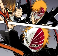Ichigo regains his footing and restores his mask.