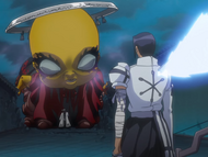 Uryū faces Mayuri and his Bankai, Konjiki Ashisogi Jizō.