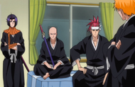 Ichigo, Renji, Ikkaku, and Yumichika discuss Nozomi's connection to Inaba.