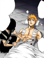 Hanatarō tends to Ichigo's wounds in a room within the canal network.