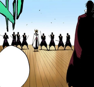 Senjumaru and her guards face Yhwach after she kills Nianzol Weizol.