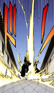 Ichigo attacks Ikkaku with a small Getsuga Tenshō, grievously wounding him.