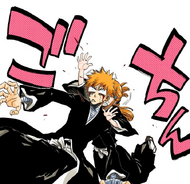 Ichigo collides with Orihime as he falls backward.