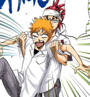 Renji restrains Ichigo so Rukia can pummel him.