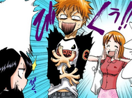 Rukia is shocked by Orihime Inoue's sudden greeting.