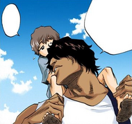 Sado carries Yūichi around on his shoulders.