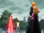 Rangiku watches as Yui begins emanating a powerful Reiatsu.