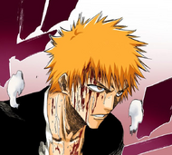 Ichigo stands with blood and sweat dripping down his face on the third day of Bankai training.