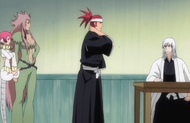 Renji, Saru, and Hebi meet with Ukitake.