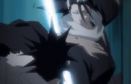 Byakuya attacks Kenpachi, who blocks with his arm.