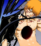 Ichigo with a hole blown through his chest by a Cero Oscuras.