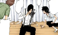Tatsuki checks on Tsukishima after Ichigo throws him into the window.