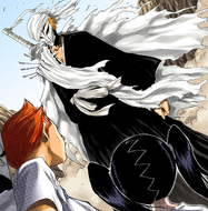 Ichigo stands before Jinta and Ururu with a full Hollow mask.