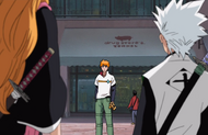 Rangiku and Tōshirō Hitsugaya approach Ichigo Kurosaki and Kon.