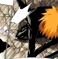 Byakuya stabs Ichigo's foot with one of his swords to immobilize him.