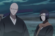 Ikkaku and Yumichika stand in for Kenpachi and Yachiru at the meeting on Sōkyoku Hill.