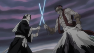 Kōga pushes Byakuya's blade up.