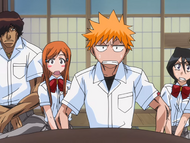 Ichigo and his friends are shocked by Kon's whoopee cushion.