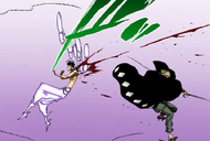 Kisuke uses his Bankai to injure Askin.