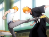 Kon kicks Ichigo.