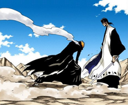 Ichigo stumbles forward after being grievously injured by Byakuya.