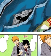 Ichigo finds his Substitute Shinigami Badge in his bag when Tatsuki asks him to return her game.