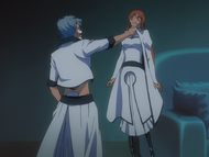 Grimmjow lifts Orihime by the collar.