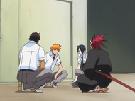 Renji and his friends huddle after failing to find Orihime.