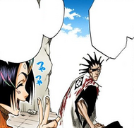 Yumichika explains the outcome of his fight to a surprised Kenpachi.